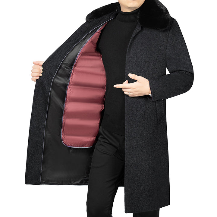Herren Langer Wollmix-Mantel mit abnehmbarem Kunstfellkragen und gesteppter Thermowattierung Drune