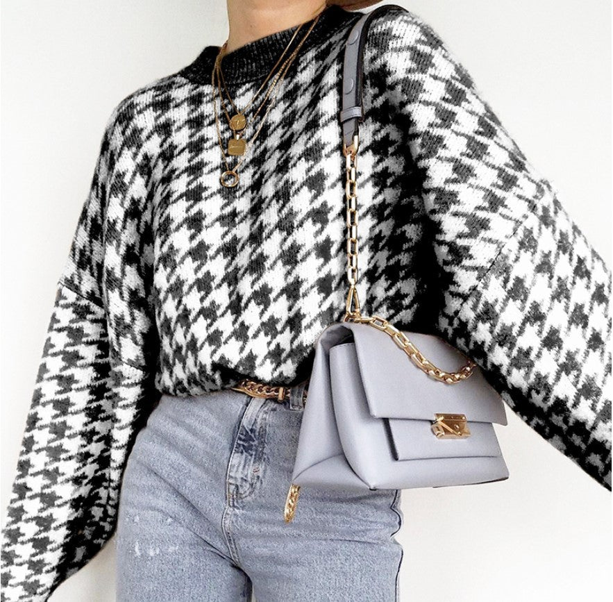 Damen Oversized Pullover mit klassischem Karodesign und weichem Baumwollmaterial Drune