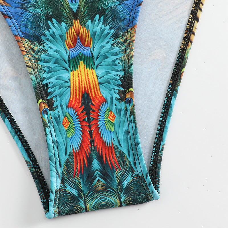Damen Push-Up Bikini-Set mit exotischem Pfauenmuster und eleganten Schmuckdetails Drune