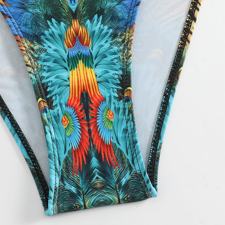 Damen Push-Up Bikini-Set mit exotischem Pfauenmuster und eleganten Schmuckdetails Drune