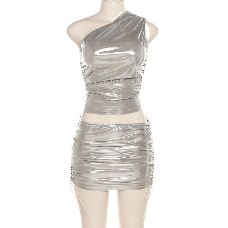 Damen metallisches Top und Minirock Set Drune