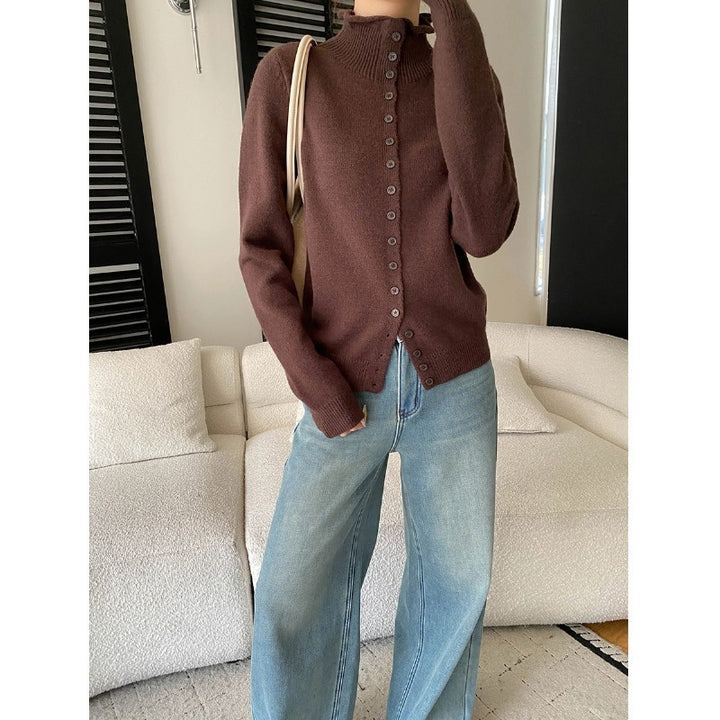 Damen eleganter Strickpullover mit Knopfleiste und hohem Kragen Drune