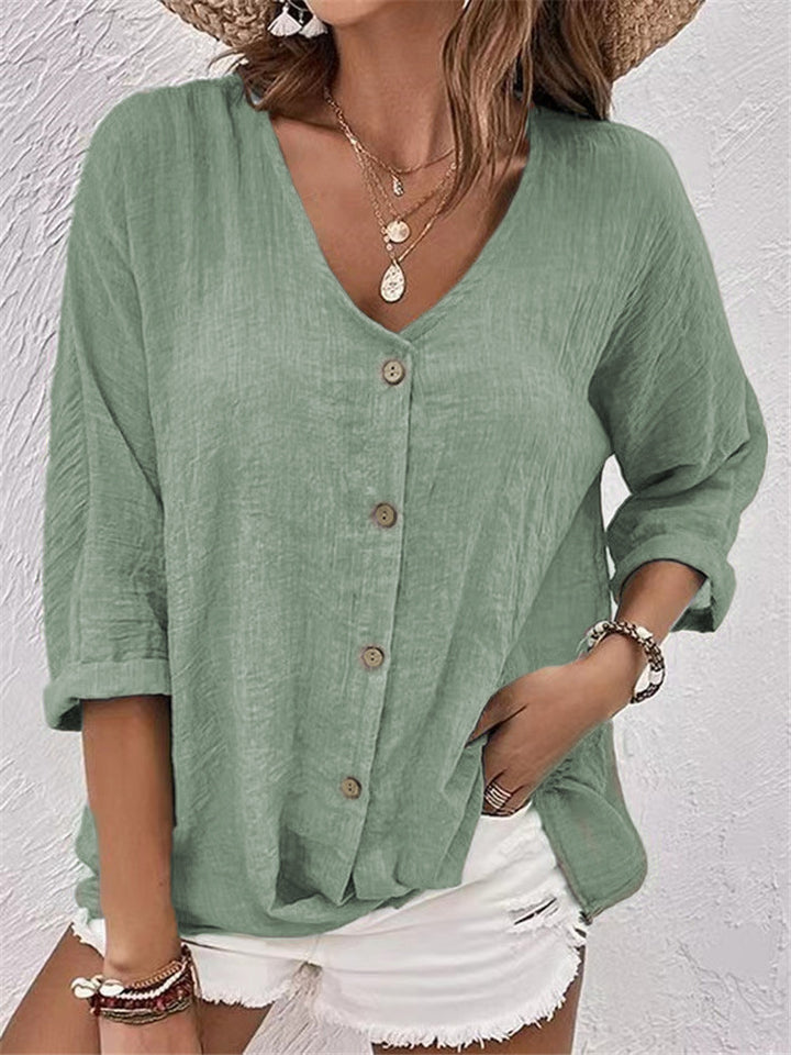 Damen lockere V-Ausschnitt Bluse im Leinenlook mit Knopfleiste und hochrollbaren Dreiviertelärmeln Drune