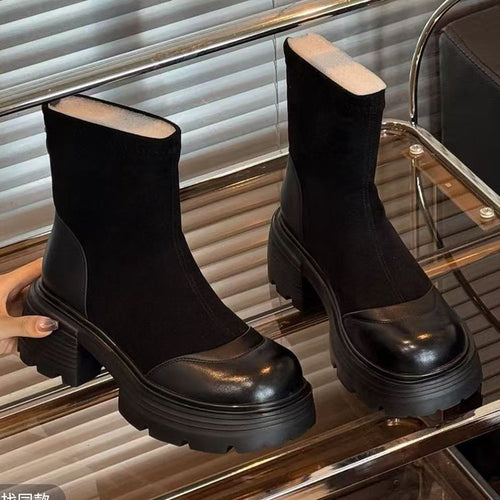 Damen Modische Stiefeletten mit Blockabsatz Drune