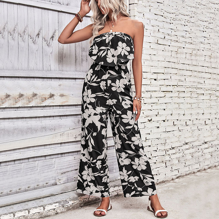 Damen luftiger Jumpsuit mit floralem Rüschenoberteil und weitem Bein Drune