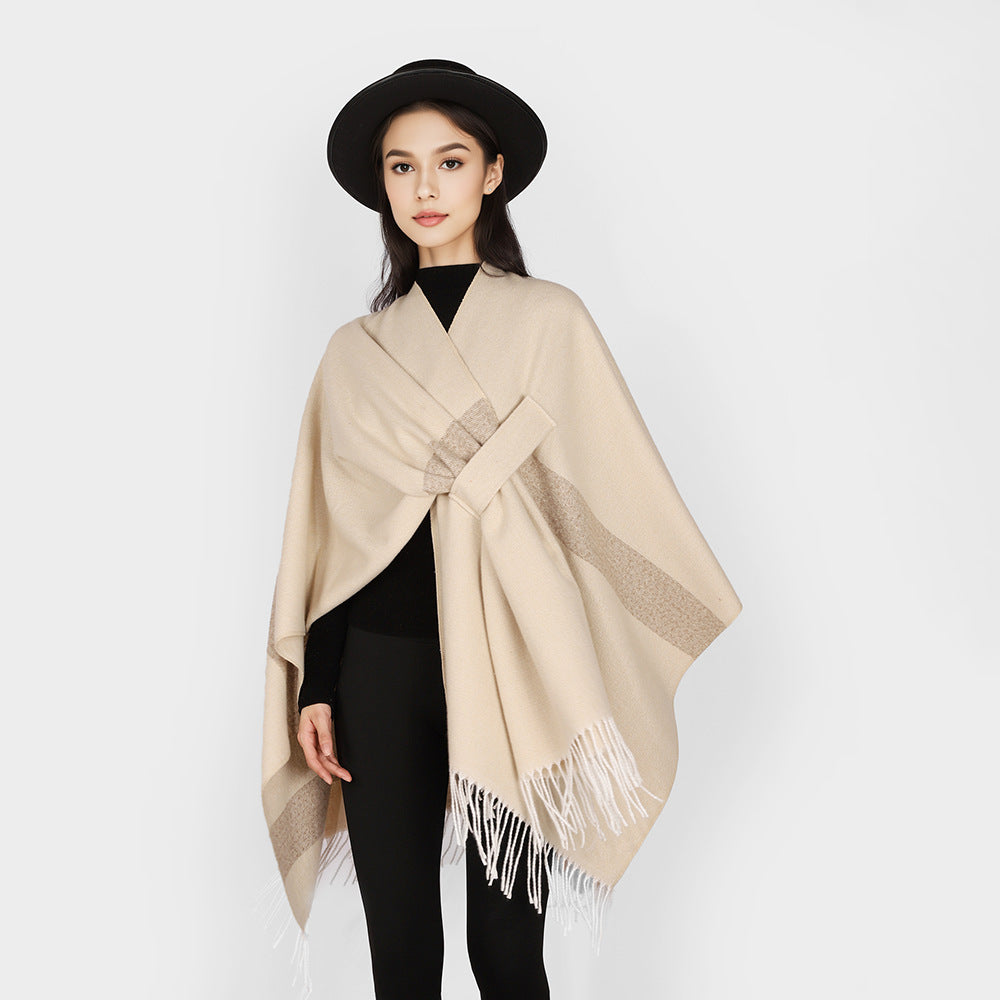 Damen Wollmix-Capeponcho mit Bindeschlaufen, weichgewebtem Oversize-Überwurf und Fransensaum Drune
