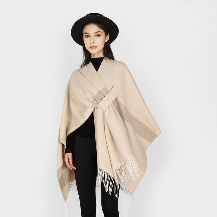 Damen Wollmix-Capeponcho mit Bindeschlaufen, weichgewebtem Oversize-Überwurf und Fransensaum Drune