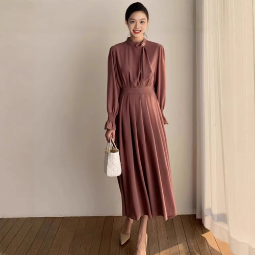 Damen Midikleid mit Stehkragen, Schleifenblende und geraffter Taille Drune