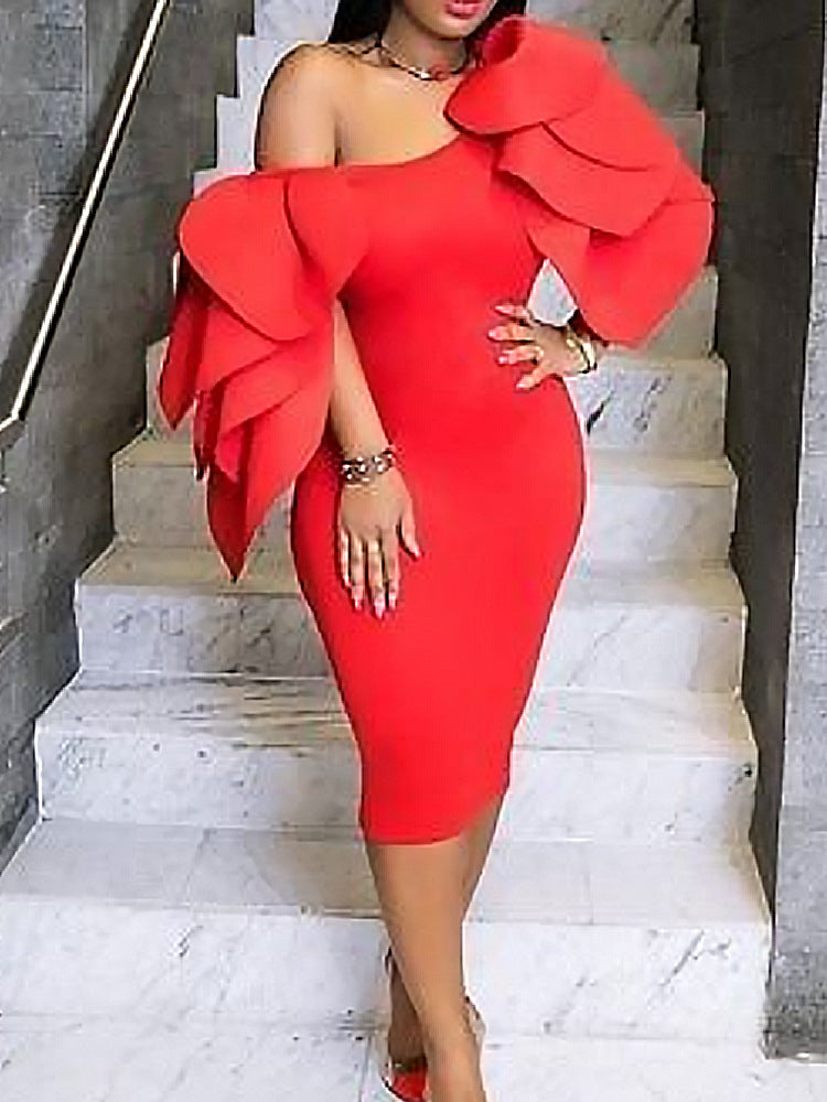 Damen Figurbetontes Kleid mit asymmetrischem Rüschen-Ausschnitt Drune