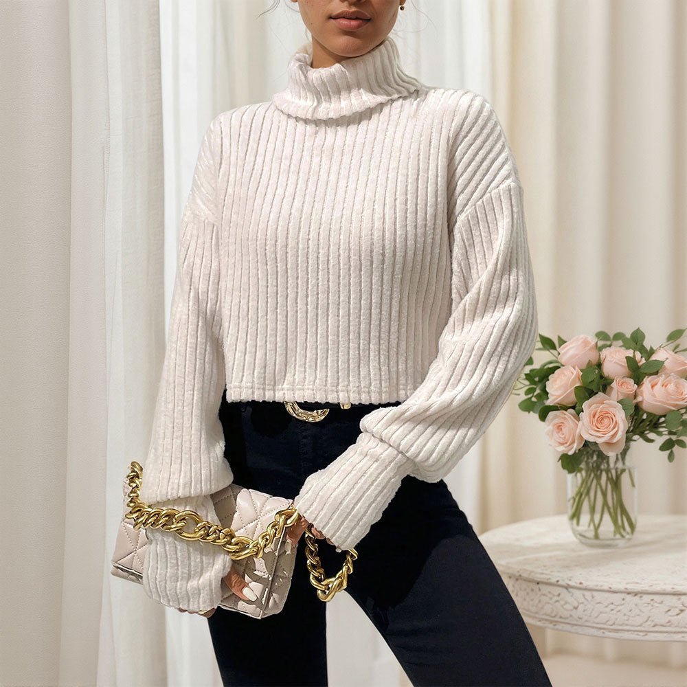 Damen geripptes Cropped‑Rollkragenpullover mit überschnittenen Schultern und voluminösen Ärmeln Drune