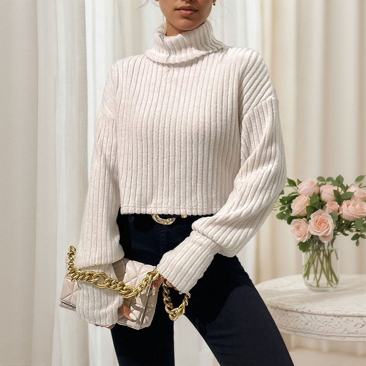 Damen geripptes Cropped‑Rollkragenpullover mit überschnittenen Schultern und voluminösen Ärmeln Drune