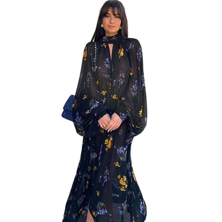 Damen Chiffon-Maxikleid mit Stehkragen, Keyhole-Ausschnitt & voluminösen Ballonärmeln Drune
