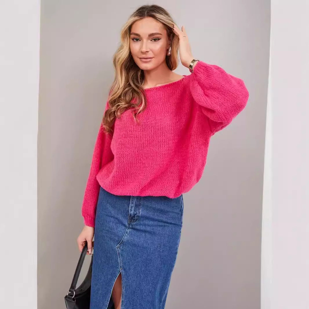Damen lässiger Grobstrickpullover mit weiten Ärmeln und Rundhalsausschnitt Drune