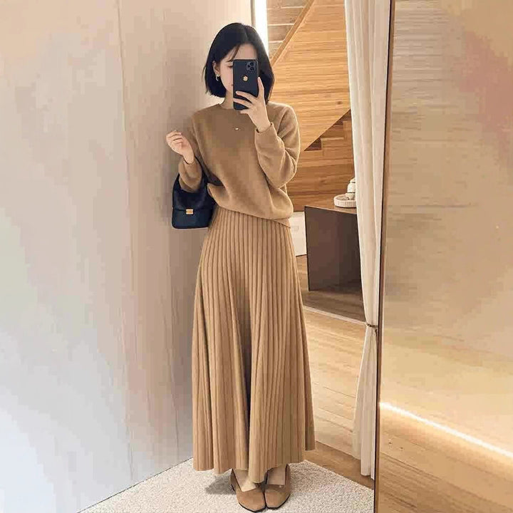Damen Oversize-Strickpullover und plissierter Maxi-Rock Set Drune