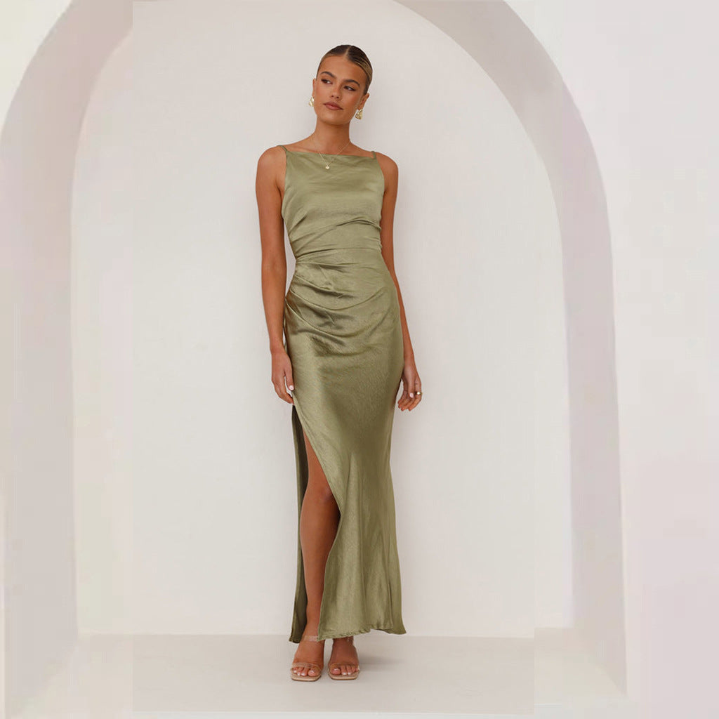 Damen Elegantes Satin-Maxikleid mit seitlichem Schlitz und schmalen Spaghettiträgern Drune