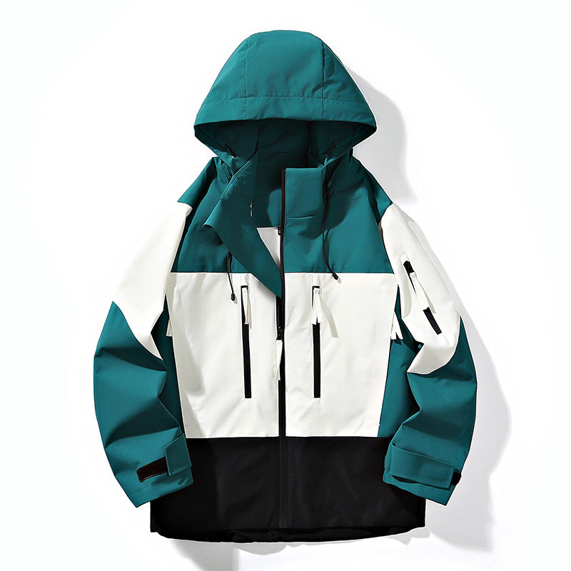Herren Wasserabweisende Colorblock-Outdoorjacke mit Kapuze, Mehrfach-Reißverschlusstaschen und verstellbaren Bündchen Drune