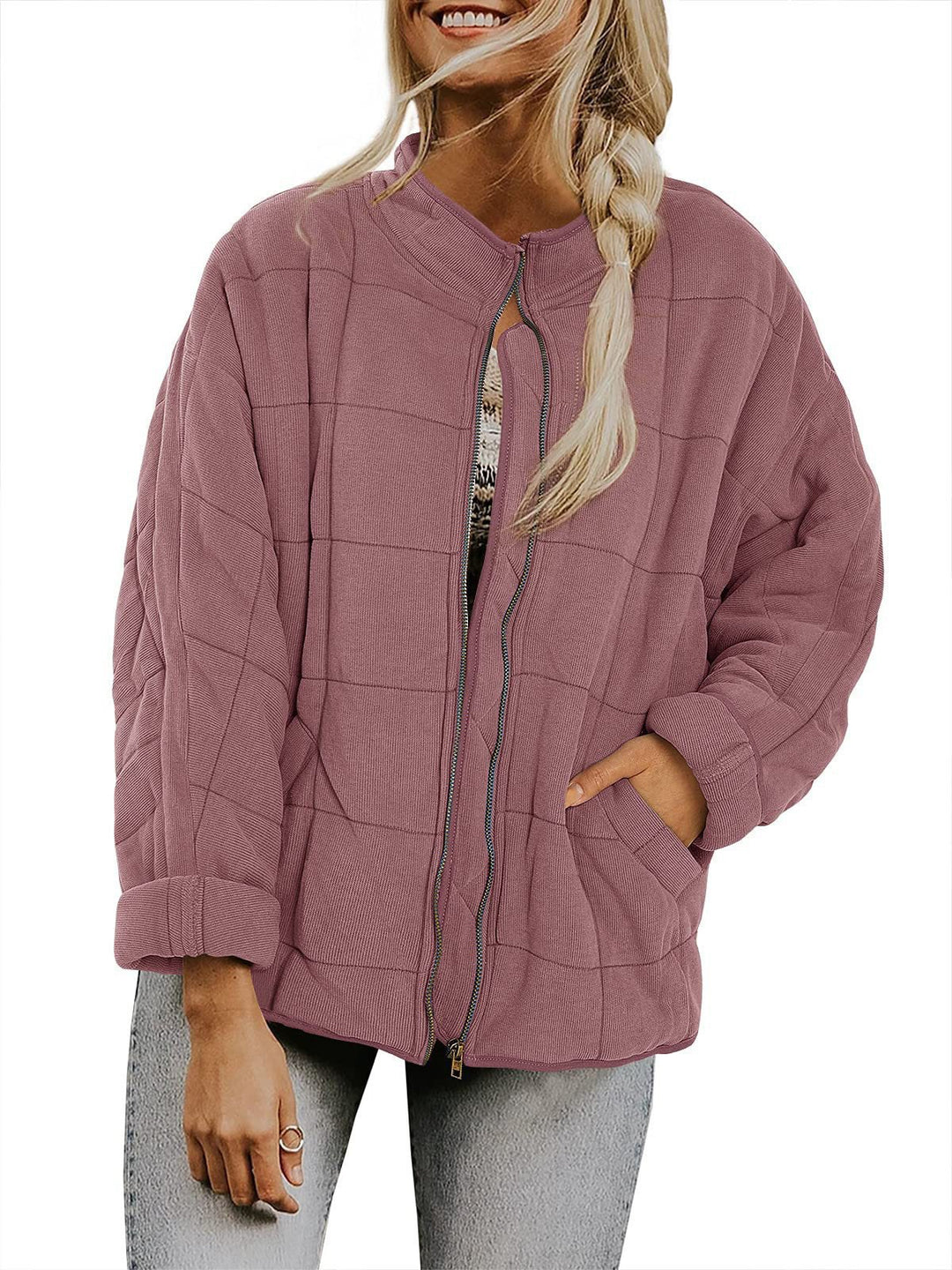 Damen Oversize Steppjacke mit Reißverschluss und Eingrifftaschen Drune