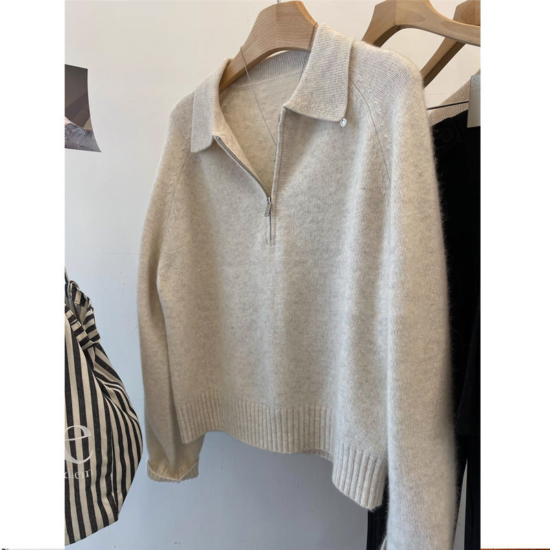 Damen Kuscheliger Pullover mit Stehkragen und kurzem Reißverschluss Drune