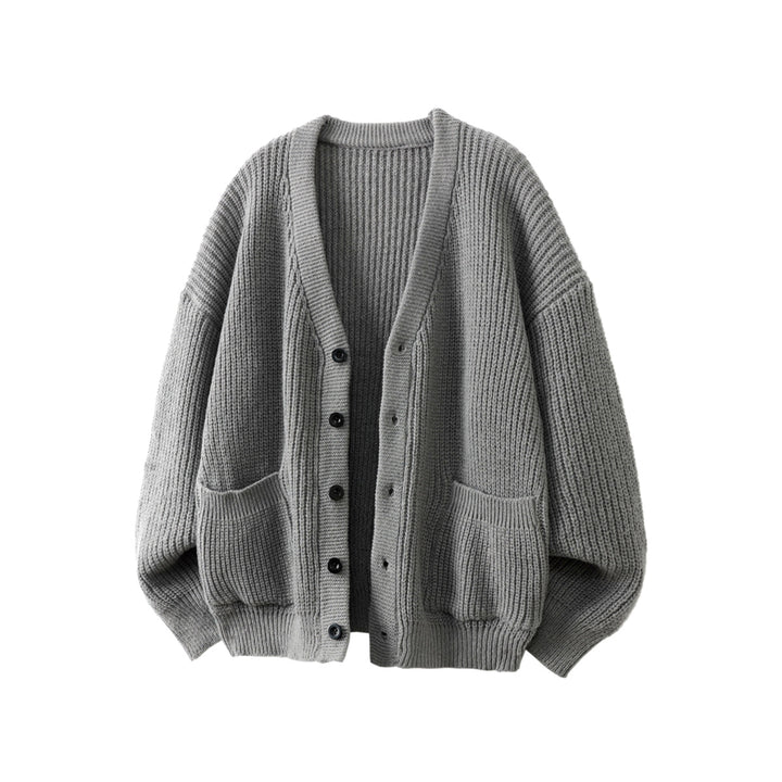 Unisex Oversize Grobstrick-Cardigan mit V-Ausschnitt, Knopfleiste und aufgesetzten Taschen Drune