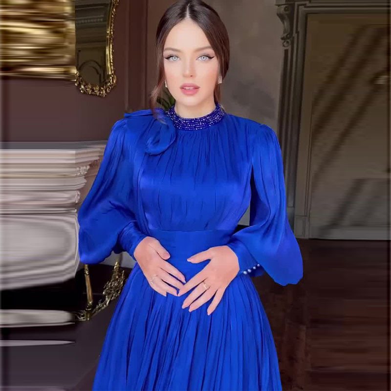 Damen Elegantes Chiffon-Maxikleid mit tailliertem Wickelbund, Stehkragen und langen Puffärmeln Drune