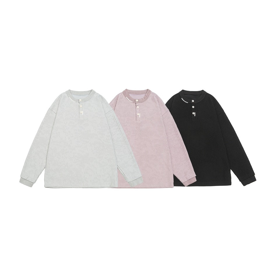 Unisex Gerippter Oversize-Henley-Pullover mit Knopfleiste Drune