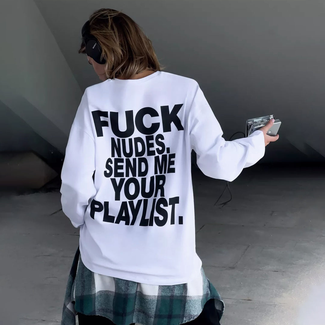 Damen Longsleeve-Shirt mit auffälligem Schriftzug Drune