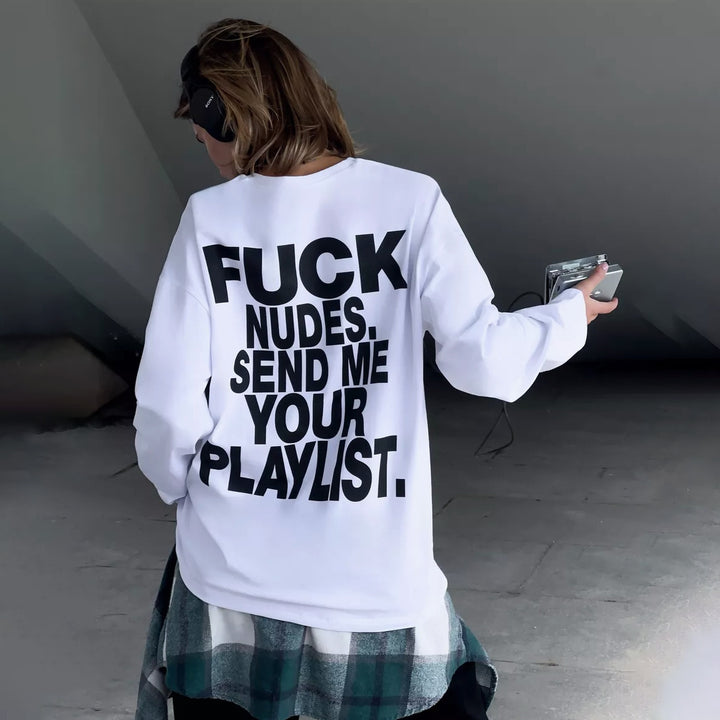 Damen Longsleeve-Shirt mit auffälligem Schriftzug Drune