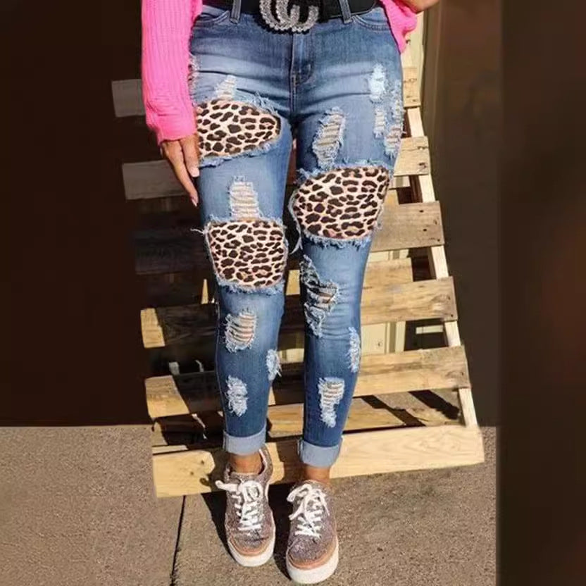 Damen skinny Jeans mit Leoparden-Patch und Vintage-Effekten Drune