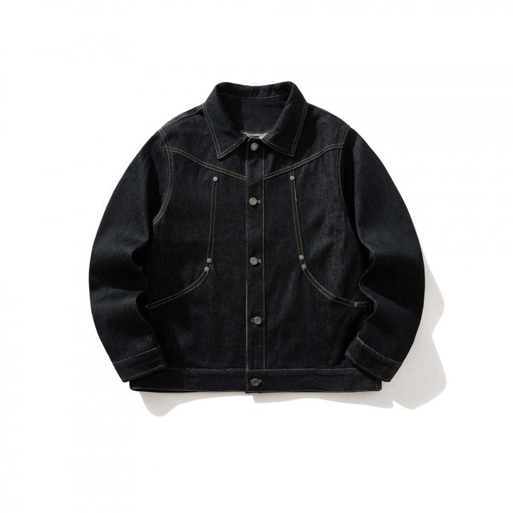 Herren Kurz geschnittener Denim-Workerblouson mit kastiger Silhouette, Kontrastnähten und Rundtaschen Drune
