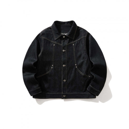 Herren Kurz geschnittener Denim-Workerblouson mit kastiger Silhouette, Kontrastnähten und Rundtaschen Drune