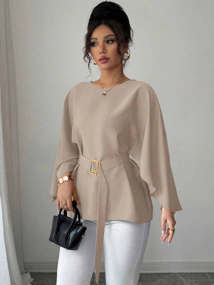 Damen Elegante Chiffon-Tunika mit Cape-Ärmeln und Taillengürtel Drune