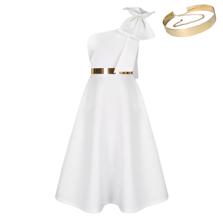 Damen schulterfreies Kleid mit stilvollem Halstuch und goldener Akzent Drune