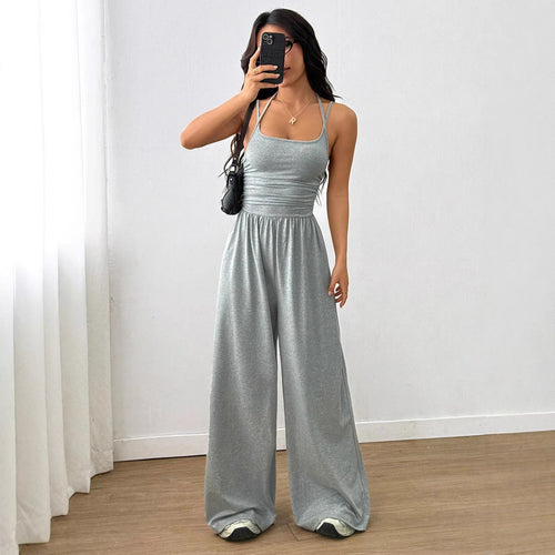 Damen luftiger Jumpsuit mit hohem Bund und verstellbaren Trägern Drune