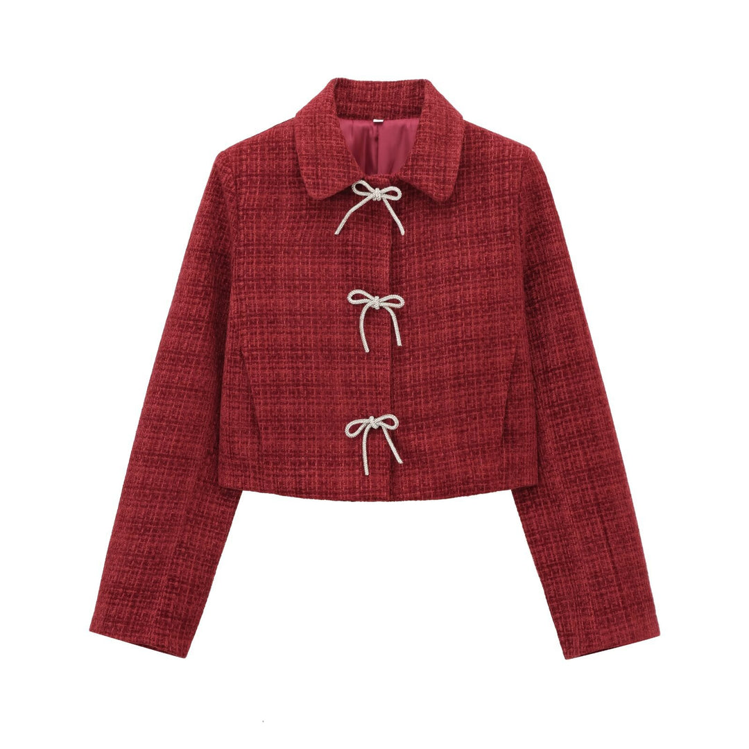 Damen Kurze Bouclé‑Tweed‑Jacke mit Peter‑Pan‑Kragen und dekorativen Schleifenverschlüssen Drune