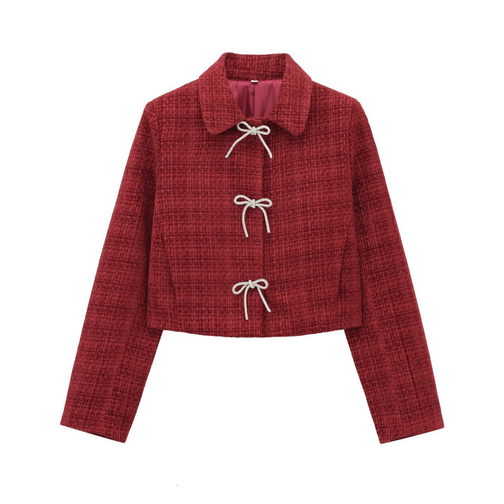 Damen Kurze Bouclé‑Tweed‑Jacke mit Peter‑Pan‑Kragen und dekorativen Schleifenverschlüssen Drune