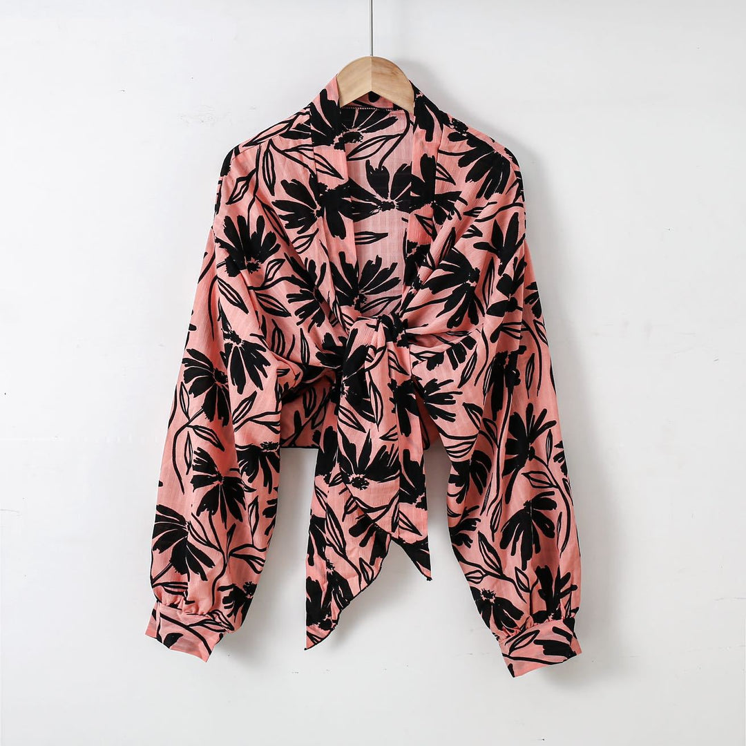 Damen nan florale Knoten-Bluse im Wickelstil mit Ballonärmeln und leichter Leinenoptik Drune