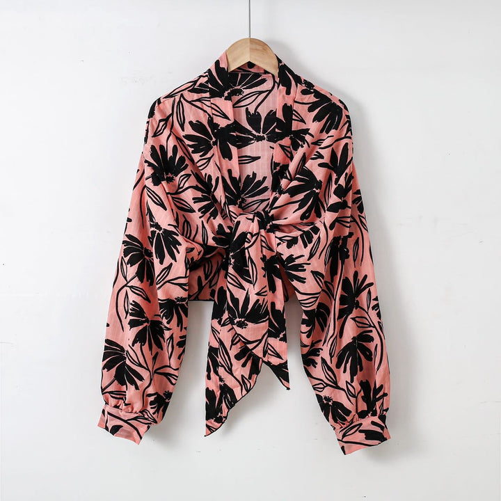 Damen nan florale Knoten-Bluse im Wickelstil mit Ballonärmeln und leichter Leinenoptik Drune