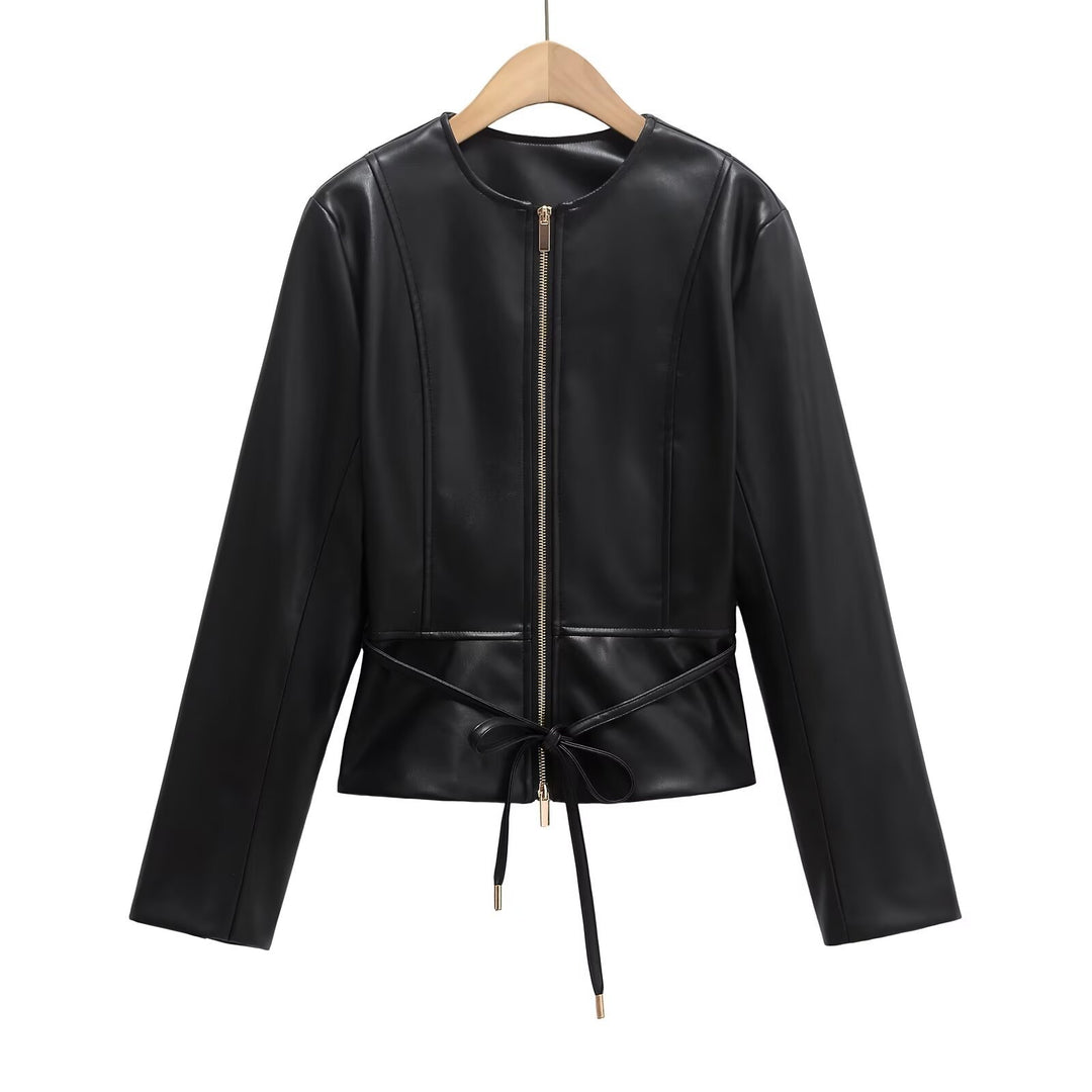 Damen Kollierlose Kunstlederjacke mit Reißverschluss und Taillenband Drune