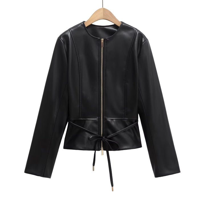 Damen Kollierlose Kunstlederjacke mit Reißverschluss und Taillenband Drune