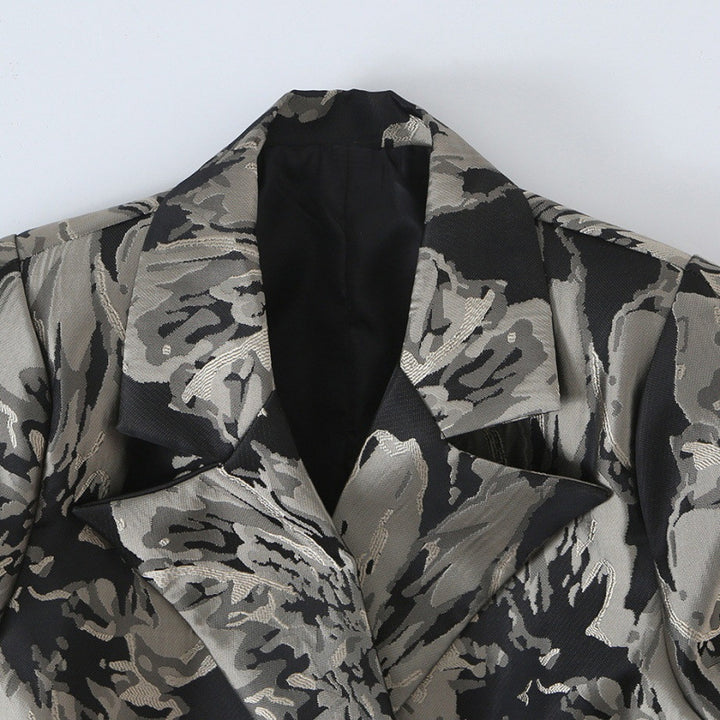 Damen Jacquard‑Blazer mit floralem Jacquardmuster, breitem Revers und Bindegürtel Drune