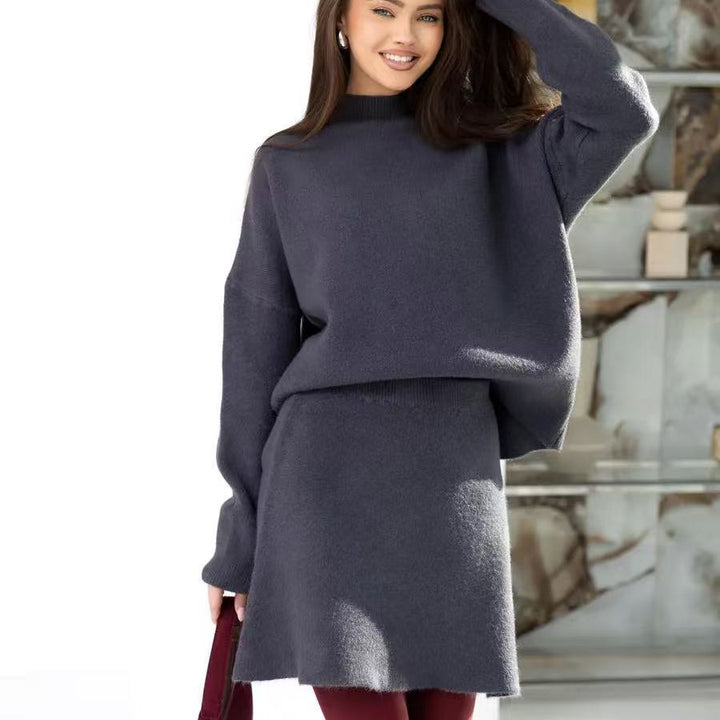 Damen luxuriöses Strickensemble mit hohem Kragen und ausgestellten Ärmeln Drune