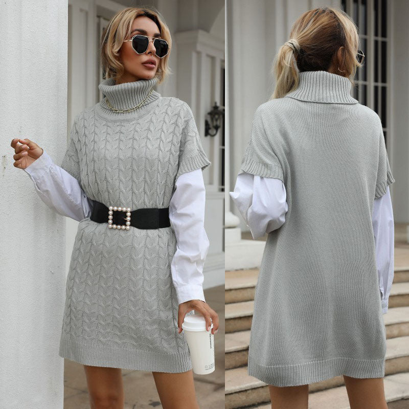 Damen Strickkleid mit Rollkragen, Zopfmuster und ärmelloser Tunika-Silhouette Drune