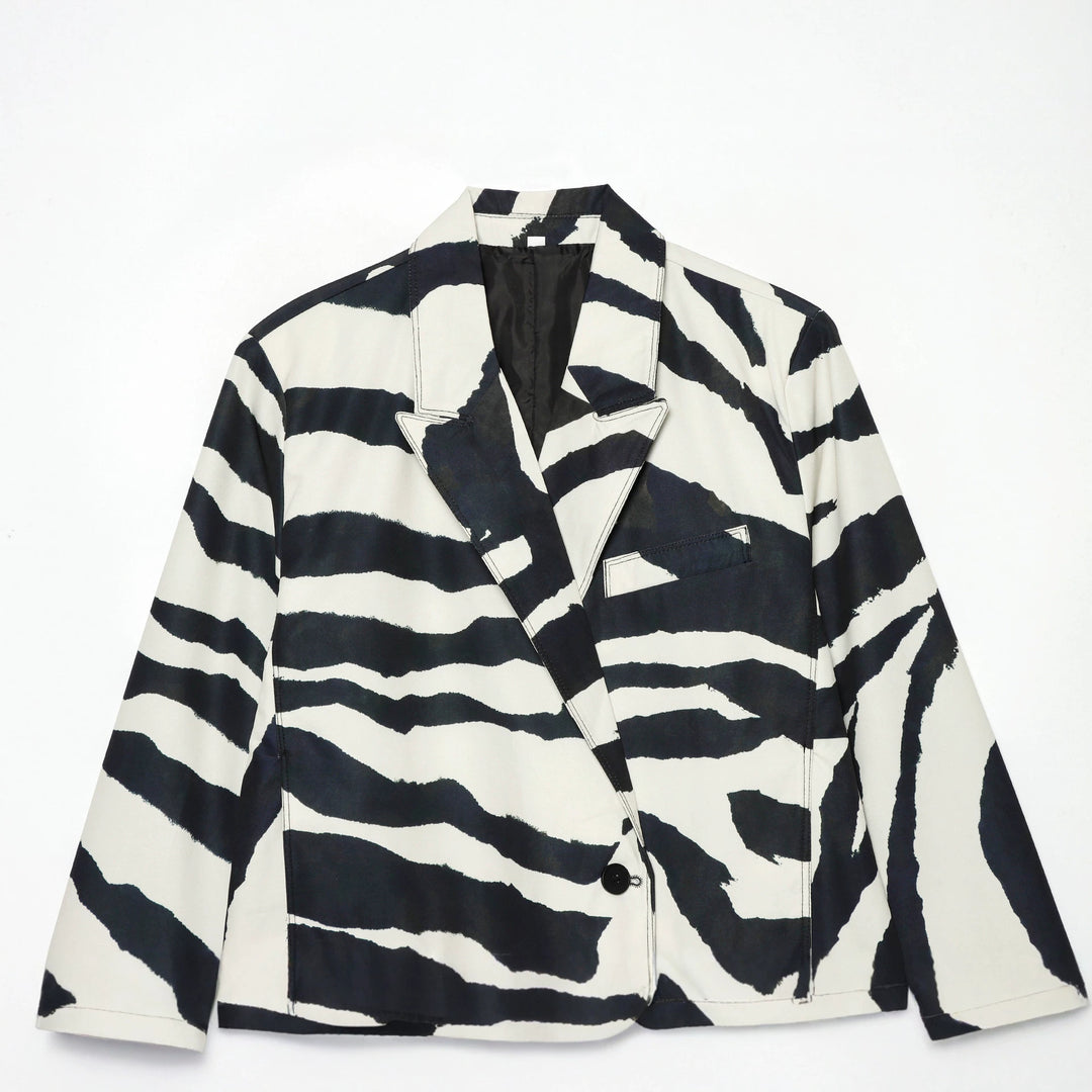 Damen nan oversized Zebra-Print Blazer mit Schalkragen, Ein-Knopf-Verschluss und aufgesetzten Pattentaschen Drune