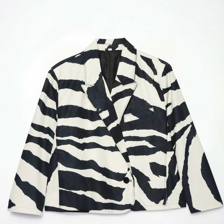 Damen nan oversized Zebra-Print Blazer mit Schalkragen, Ein-Knopf-Verschluss und aufgesetzten Pattentaschen Drune