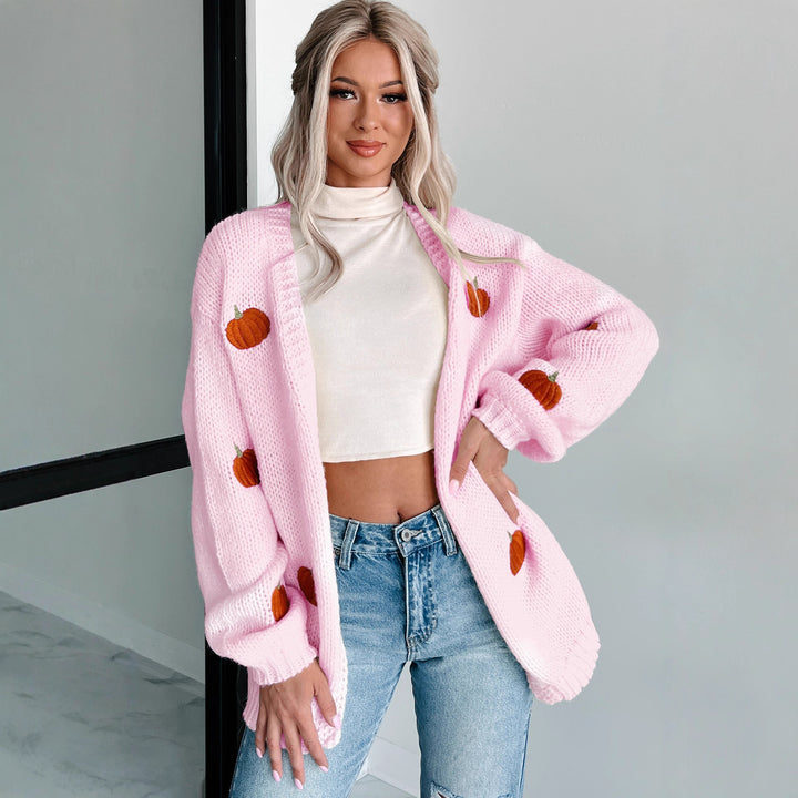 Damen Kuscheliger Oversize-Strickcardigan mit Kürbis‑Stickerei Drune