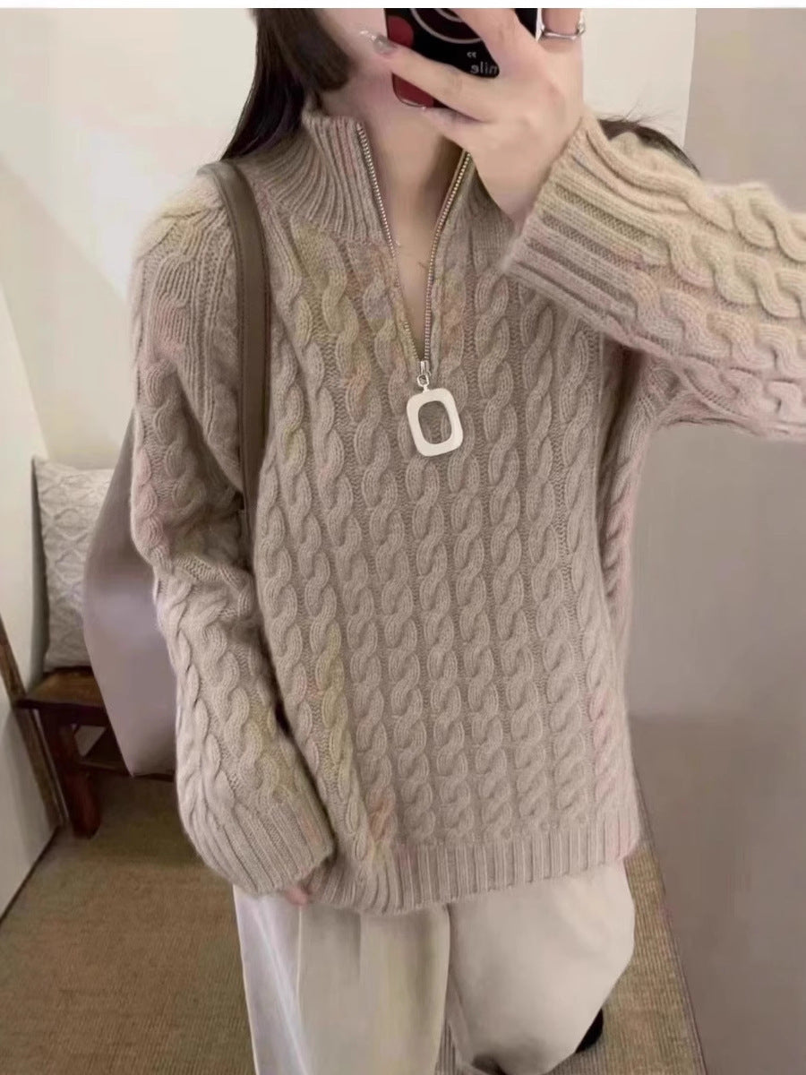 Damen Oversize Zopfmuster-Feinstrickpullover mit halbem Zipper und Stehkragen Drune