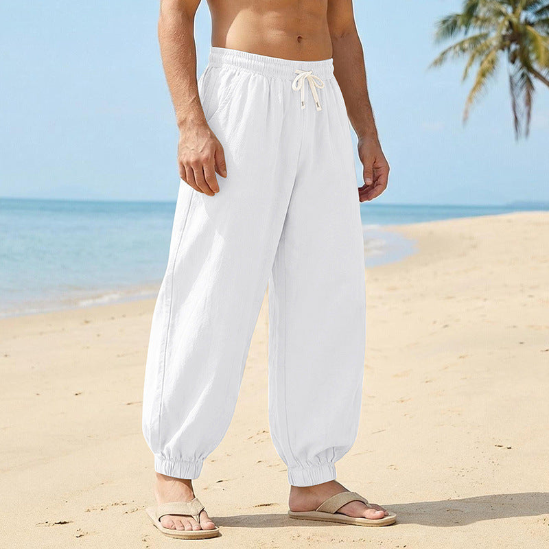 Herren Weite Leinenoptik-Strandhose mit Kordelzug, elastischem Bund und gerafften Beinabschlüssen Drune