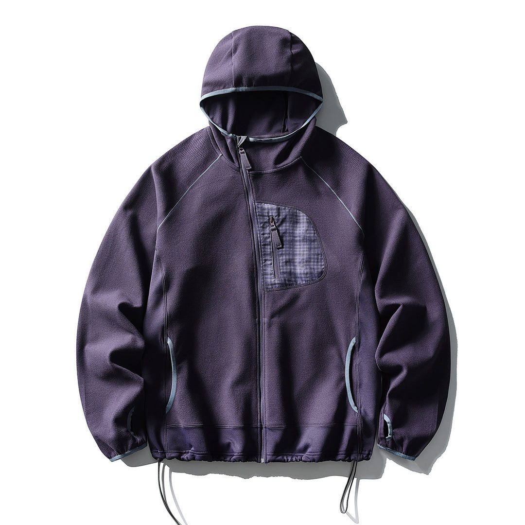 Unisex Leichte Tech-Fleece Kapuzenjacke mit Frontreißverschluss, Brust-Zip-Tasche und Kordelzugsaum Drune