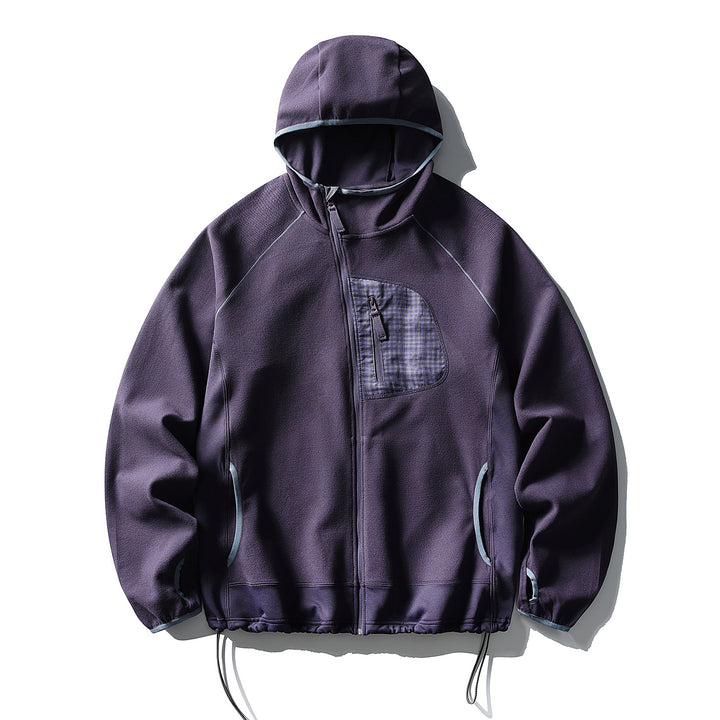 Unisex Leichte Tech-Fleece Kapuzenjacke mit Frontreißverschluss, Brust-Zip-Tasche und Kordelzugsaum Drune