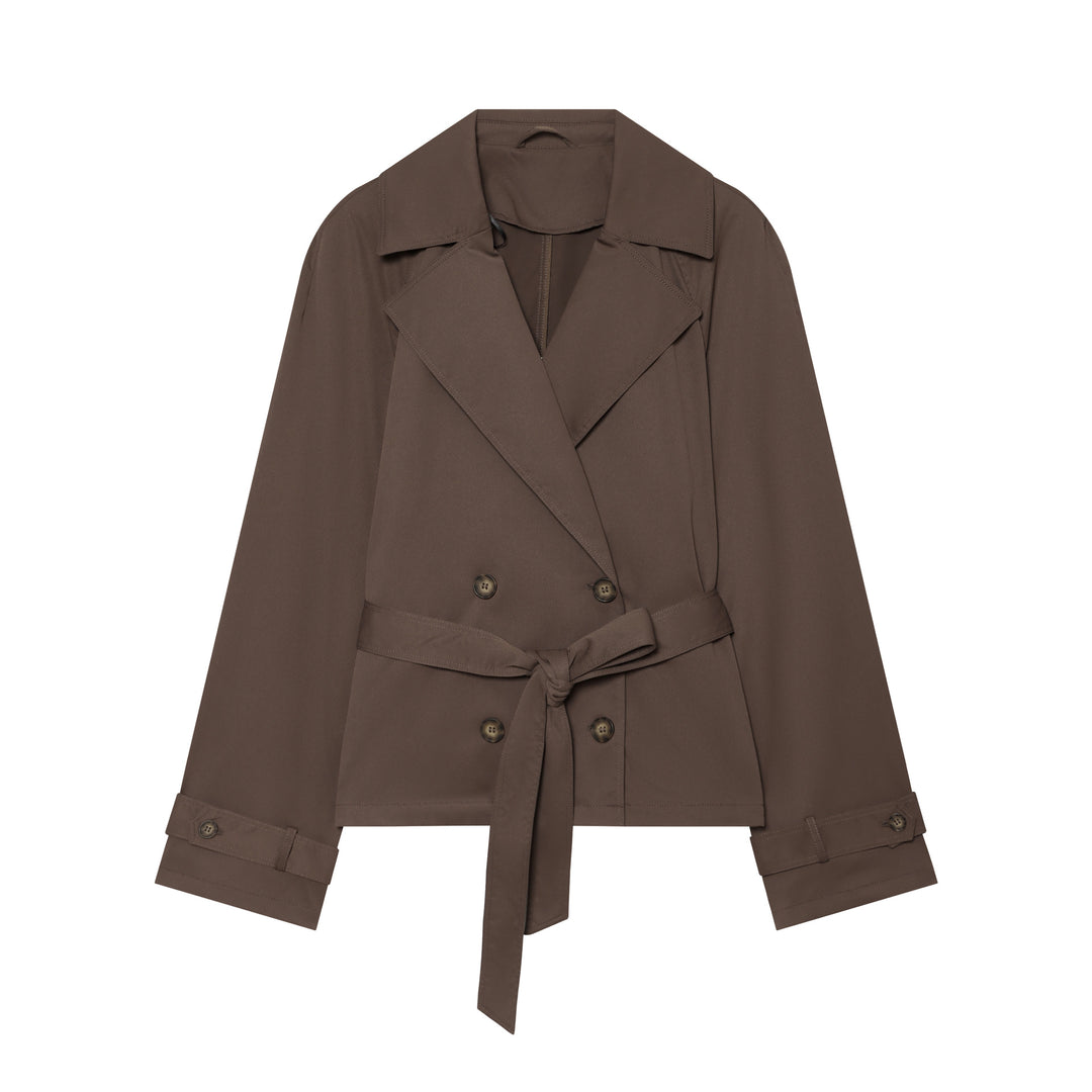 Damen kurzer taillierter Trench‑Blouson mit Bindegürtel, doppelreihiger Knopfleiste und weitem Revers Drune